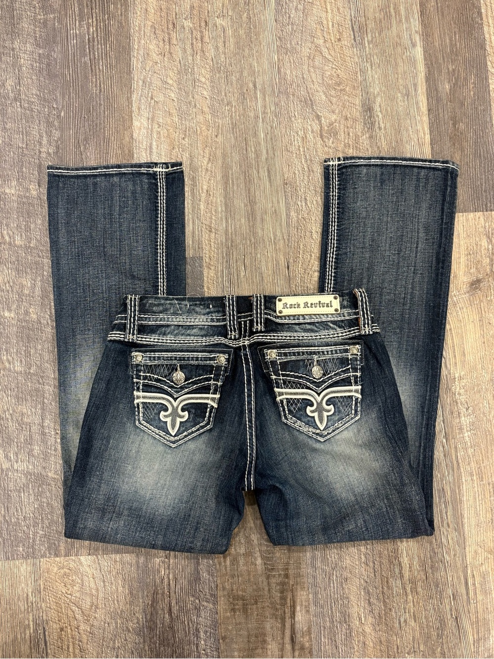 Rock Revival Lonnie Easy Boot Jeans Womens Sz 28 Dark Wash Thick Stitch Bootcut